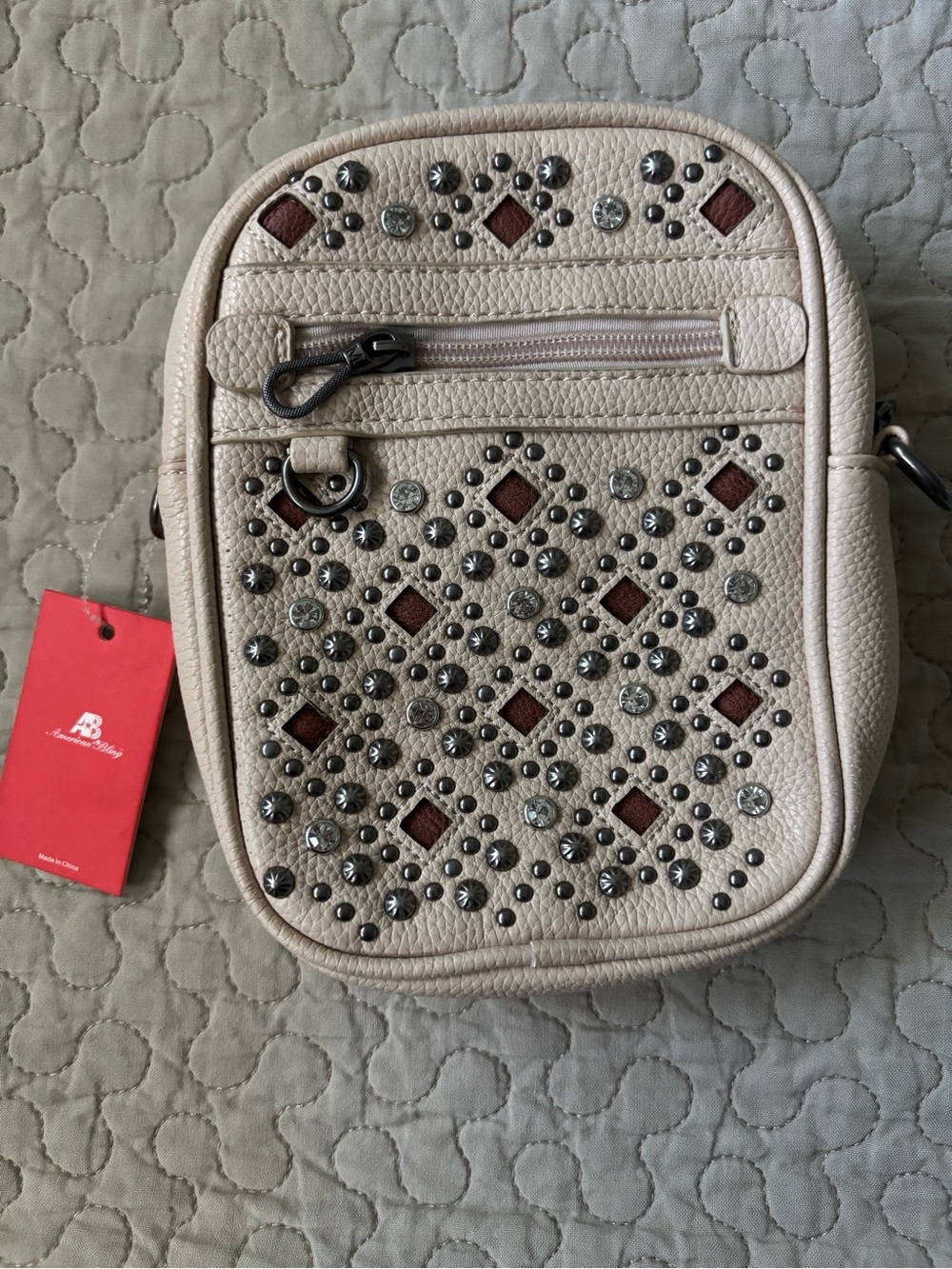 American Bling Western Studded‎ Rhinestone Crossbody Bag Taupe- Missing Strap
